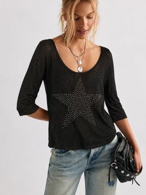Aerie Black Studded Star Scoop Neck Long Sleeve Top Goth Grunge Studded